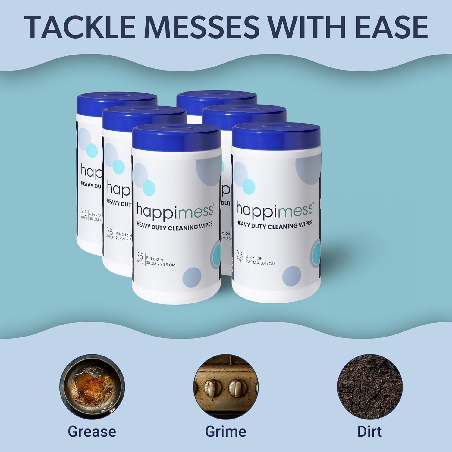 happimess WPE1001A-6SET Heavy Duty Cleaning Wipes, Multi-Purpose Multi-Surface Household Wipes, Extra Strong Cleaner for Kitchen, Bathroom, and Pet Messes, Unscented, 75 Count, Pack of 6