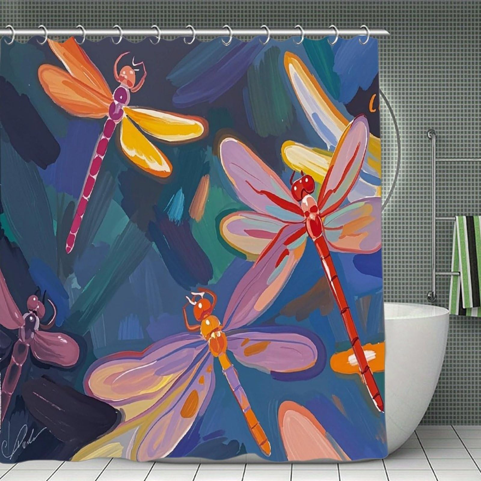 FekiLoot Hand Painted Dragonfly Shower Curtain Minimalist Aesthetic Bath Curtain with Hooks Simple Water Resistant Bathroom Shower Curtains Cute Blackout Privacy Curtains Cloth Curtain