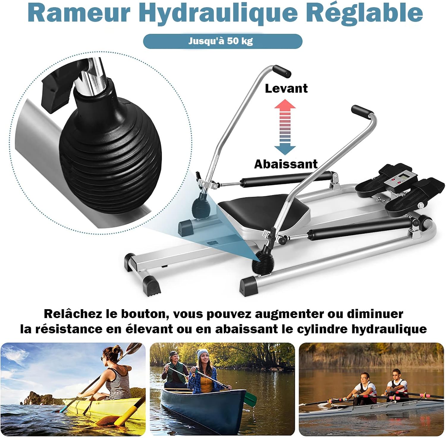 Diagram showing how to adjust the hydraulic resistance on the rowing machine by raising or lowering the hydraulic cylinder, with a close-up of the adjustment mechanism.