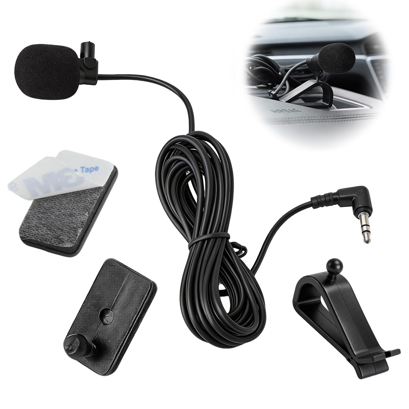 HENGBIRD Microfono per auto con cavo da 3 m, jack da 3,5 mm, microfono esterno per auto Sony JVC Kenwood Jensen Alpine Autoradio Navigation Laptop Stereo Player con morsetto a U e adesivo, plug and