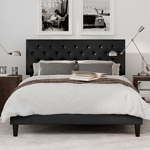 Miniatura 3 de IMUsee Base de cama tapizada de piel sintética tamaño Queen con cabecera capitoné con botón ajustable, listones de madera y soporte de rieles de