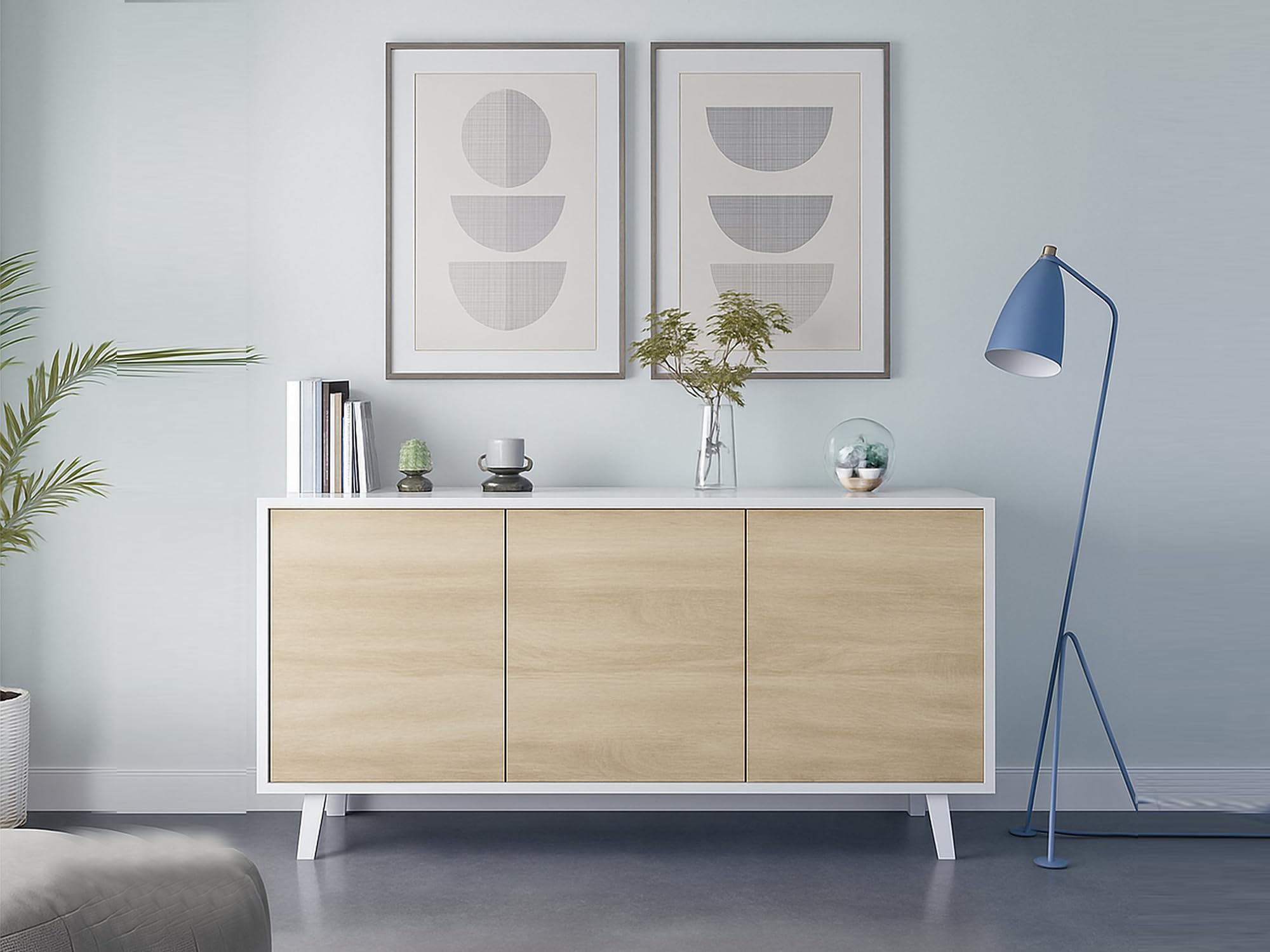 Dmora - Credenza Arvada, Madia moderna a 3 ante e ripiani, Buffet da cucina, Buffet di design da soggiorno, 154x40h75 cm, Bianco e Rovere