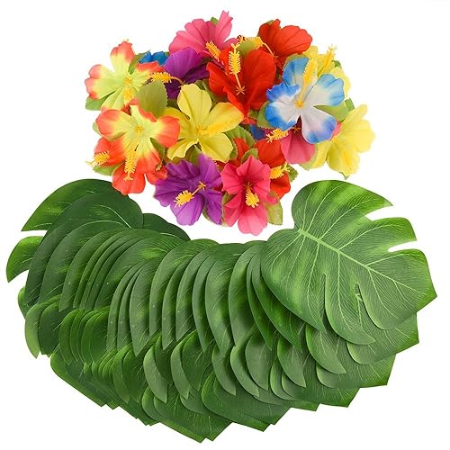 KUUQA 60 Pcs Tropical Party Decoration Supplies 8" Palmtera Hibiscus