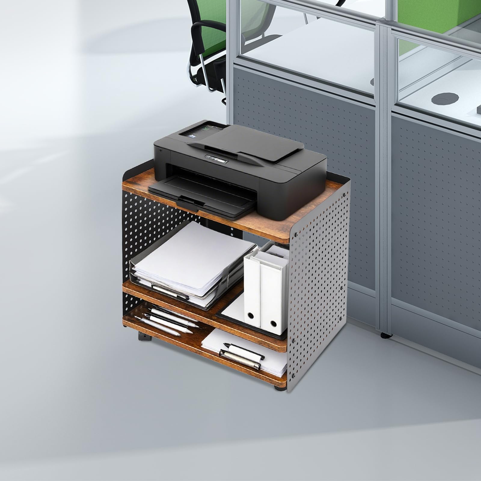 Soporte para impresora (3 niveles, con ruedas, mesa de impresora, 50 x 39 x 50 cm, mueble de almacenamiento de oficina, carga 40 kg, carro móvil para impresora, escáner y papel