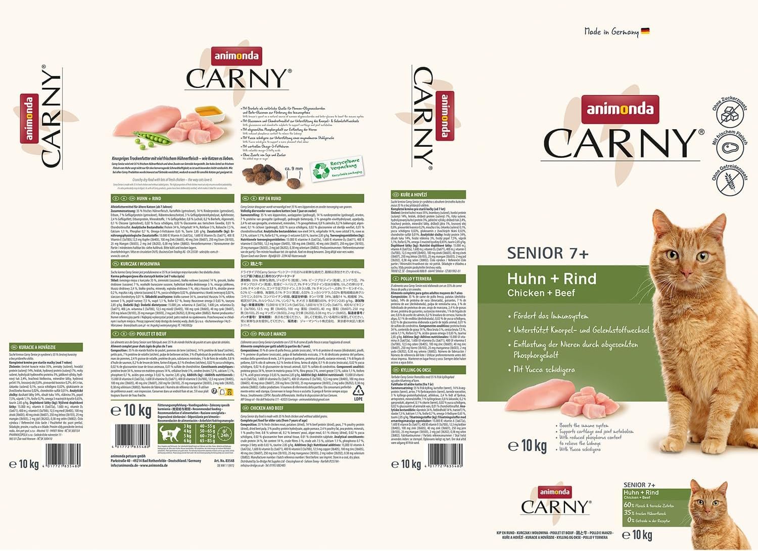 animonda Carny Cibo secco per gatti con pollo + manzo (1 x 10 kg), cibo secco per gatti anziani senza zucchero e cereali, con molta carne fresca di pollo e proteine bovine
