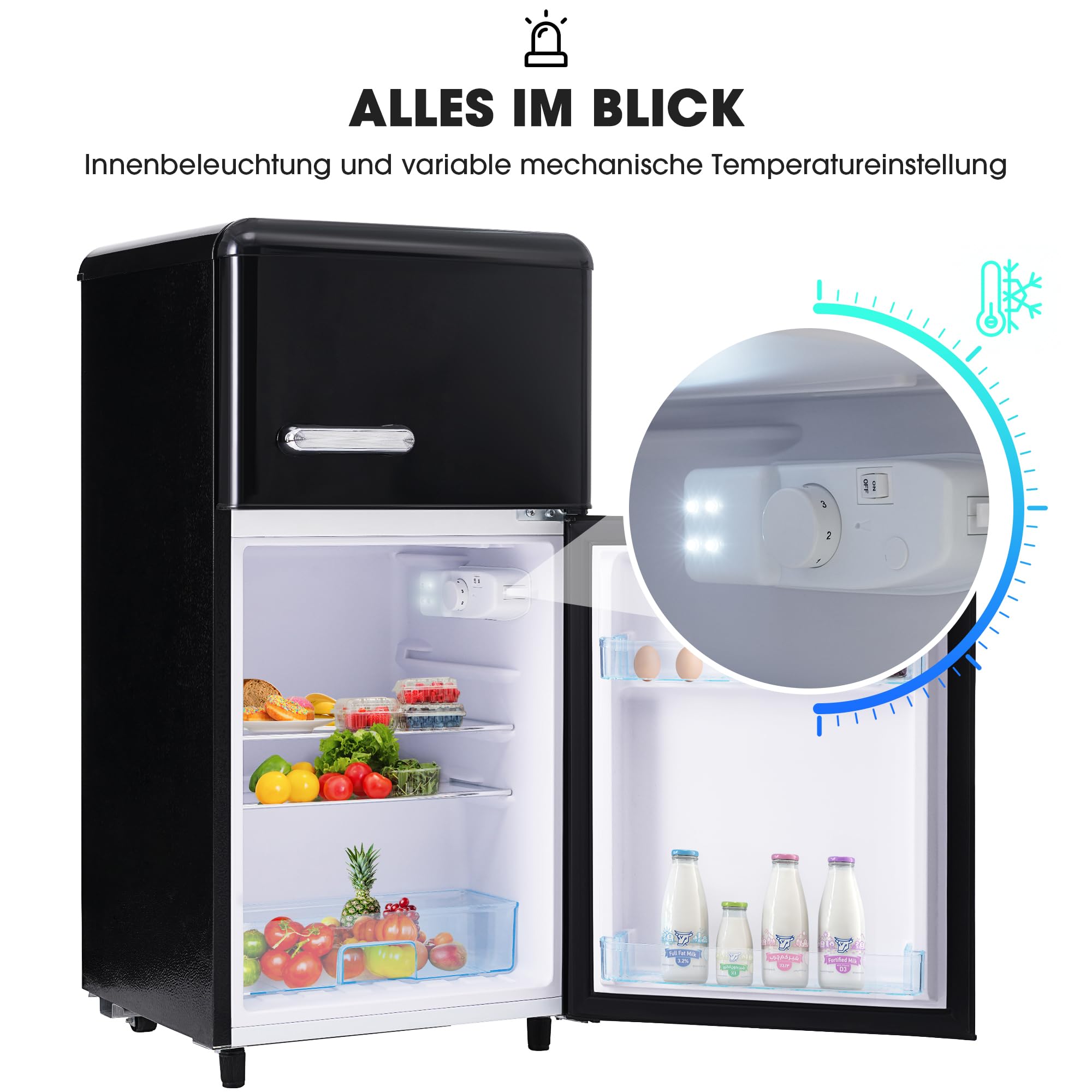 Lodówka w stylu retro górna/dolna kombinacja 72 l • klasa efektywności energetycznej E • cicha praca 39 dB • komora zamrażania 21 l • regulowane nóżki • wielokolorowa
