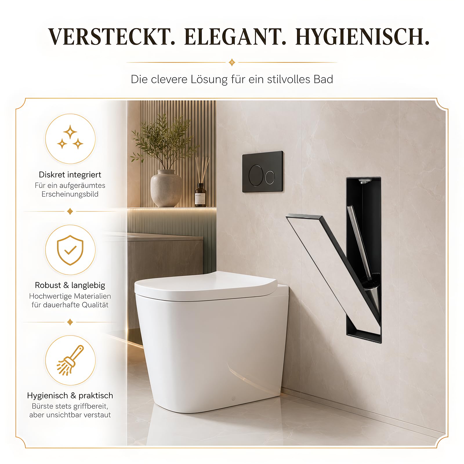Unterputz Klobürstenhalter mit Klobürste Edelstahl Mattschwarz, 45x12x12 cm