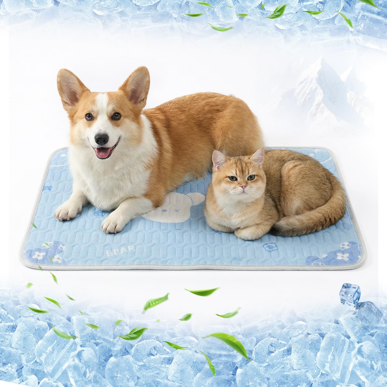 Tapis Rafraîchissant pour Chiens et Chats 50x40cm, Lavable en Machine - Motif Ours Bleu, Matelas Auto-Rafraîchissant en Tissu Glace & Remplissage Latex, Points Anti-Dérapants, pour Maison, Voiture