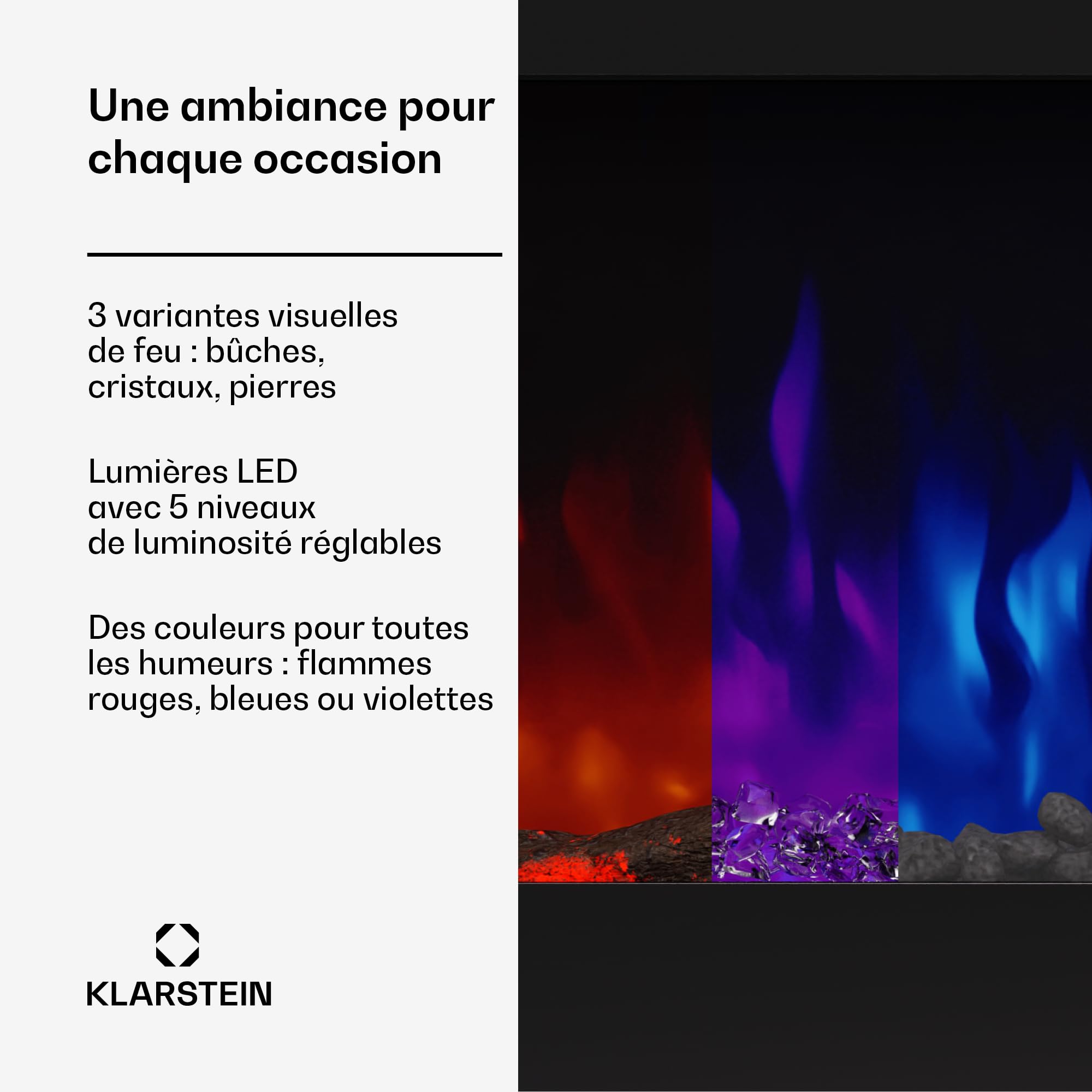 Cheminée décorative Klarstein avec Flammes LED, cheminée électrique avec Chauffage et cheminée, cheminée électrique 1800 W avec télécommande, minuterie et Thermostat réglable, cheminées électriques