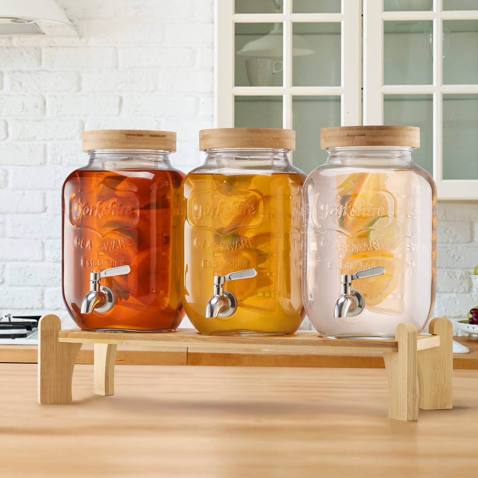 VEVOR Dispensador de Bebidas, 3 uds, 3,8 L, para Fiestas, Dispensador de Jugo de Vidrio con Soporte de Madera, Grifo de Acero Inoxidable, Infusor, para Té Helado, Limonada y Jugo, Transparente