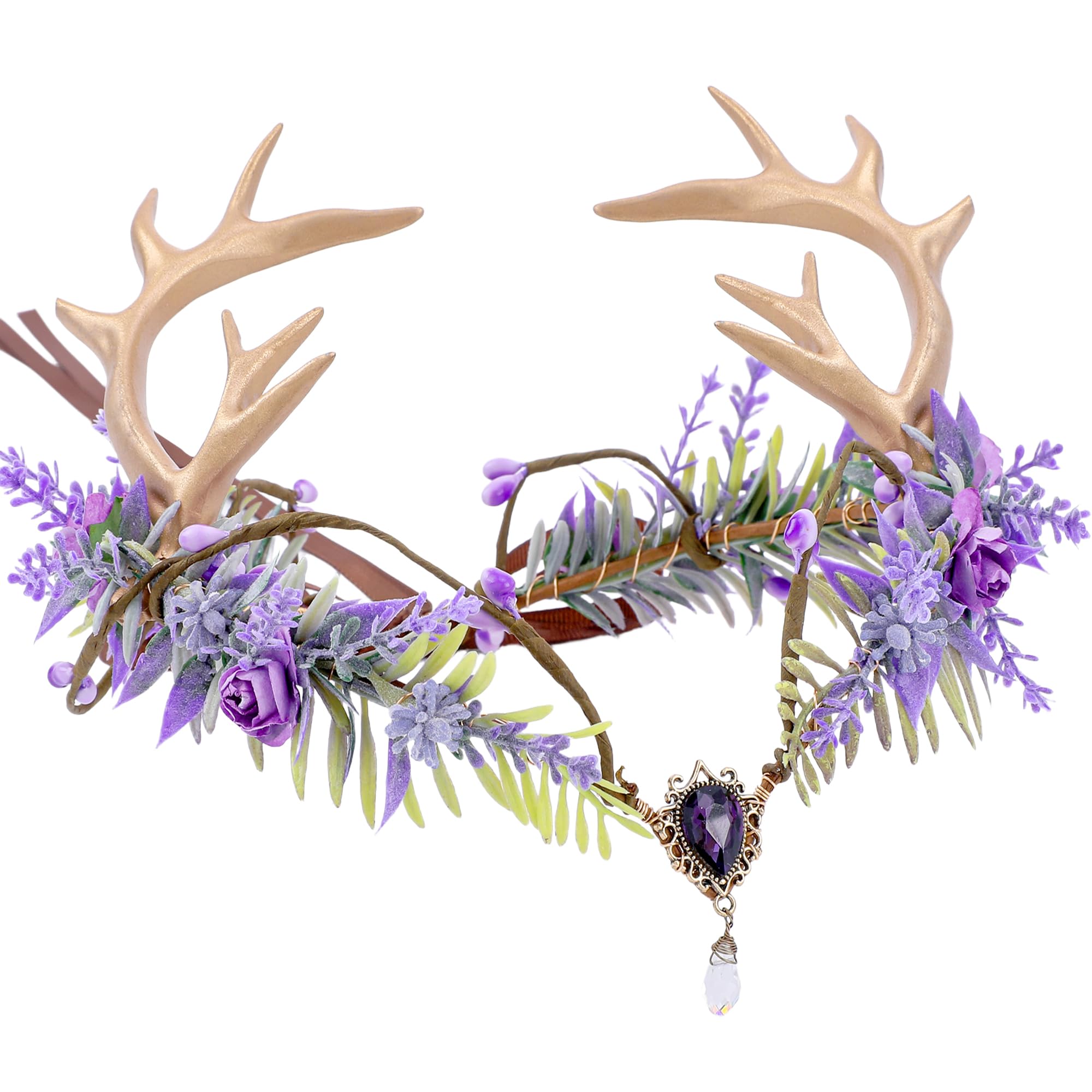 MOSTORY Geweih Kopfschmuck Elfe für Feen Accessoires Damen, Lila Haarschmuck mit Blumen und Edelsteine für Cosplay Faschingskostüme