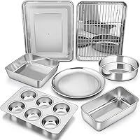 Vista 1 de P&P CHEF - Juego de 9 moldes de acero inoxidable para hornear, molde redondo y cuadrado, molde para horno tostador, lasaña, molde para pan, bandeja