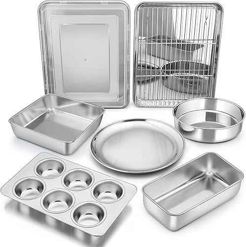 P&P CHEF - Juego de 9 moldes de acero inoxidable para hornear, molde redondo y cuadrado, molde para horno tostador, lasaña, molde para pan, bandeja