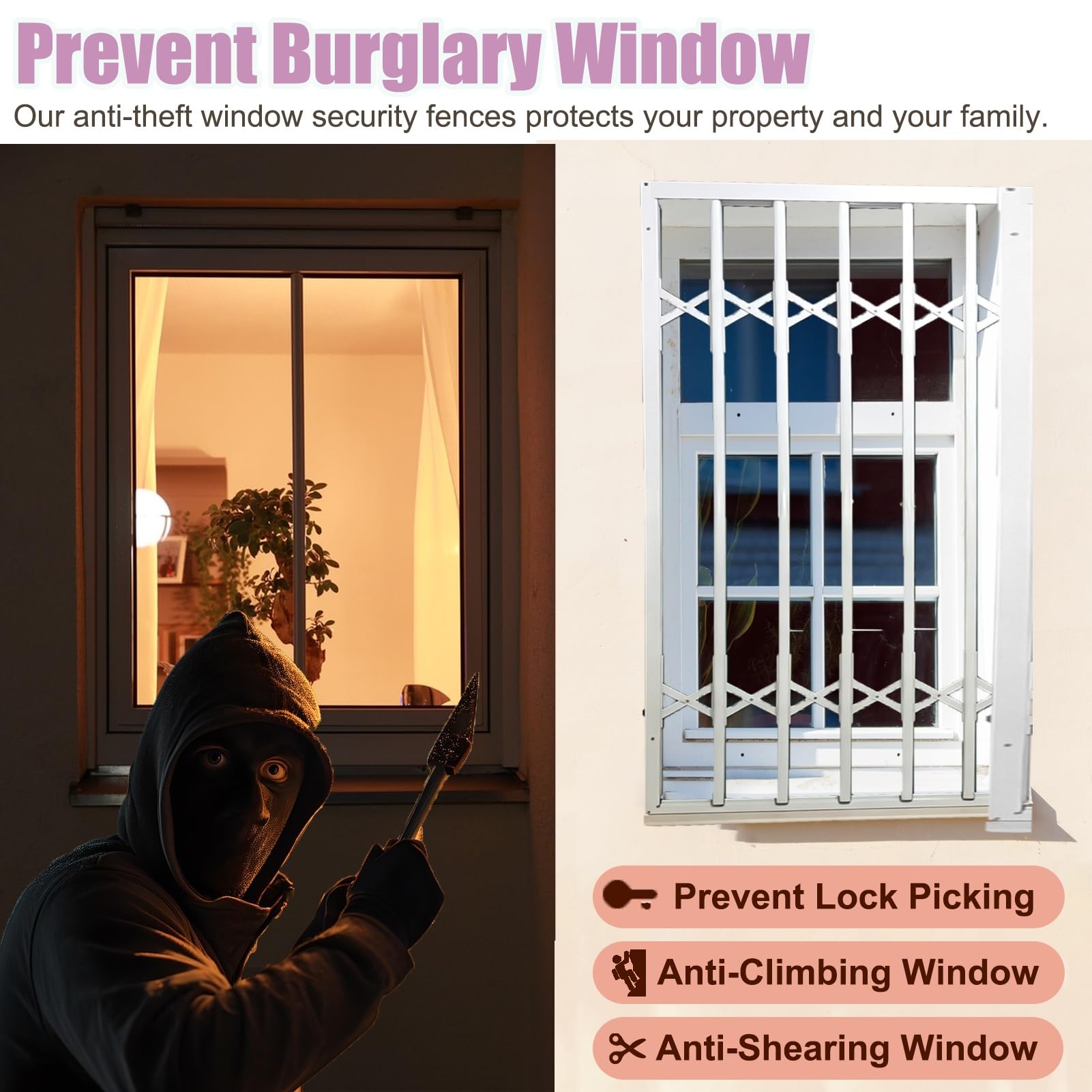 Barras de seguridad ajustables para ventana, parrilla de acordeón plegable para seguridad en el hogar, protección antirrobo extensible para 81 x 71 cm (ancho x alto)