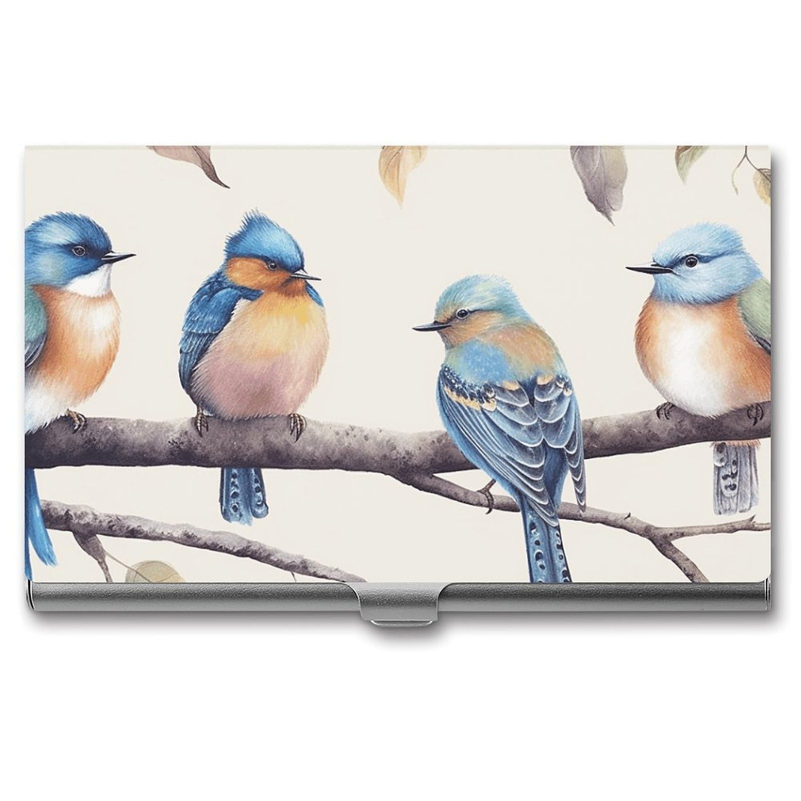 BTCOWZRV Birds Sitting on Branch Business Card Holder Metal Slim Business Card Case, Pocket Card Holder for Men Women Purse Name Card Holder Stainless Steel Wallet Credit ID Case for Office