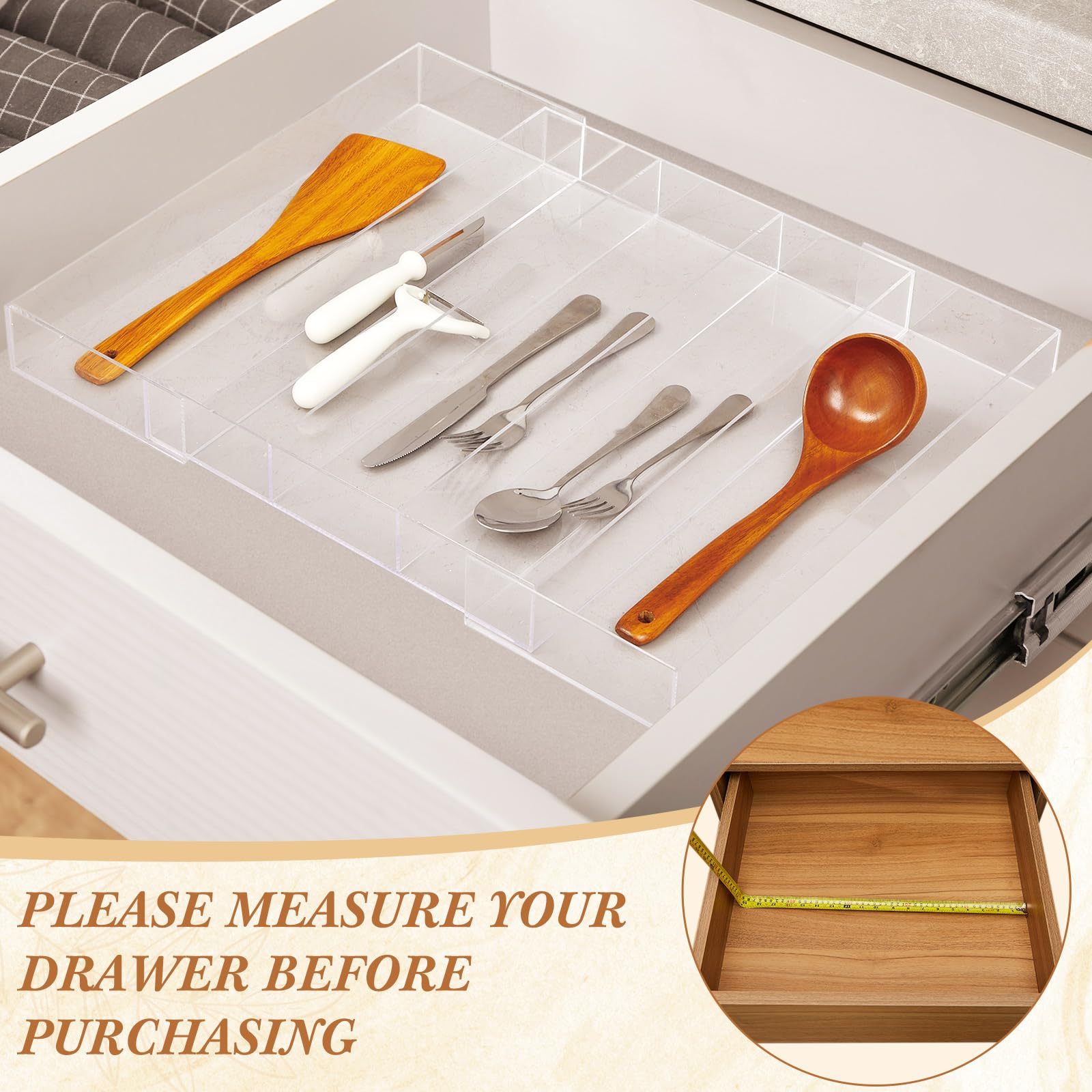 Organizador de cajones de cocina expandible, organizador de utensilios de acrílico transparente, almacenamiento de cubiertos de acrílico ajustable para cajones de cocina, cubiertos y 3