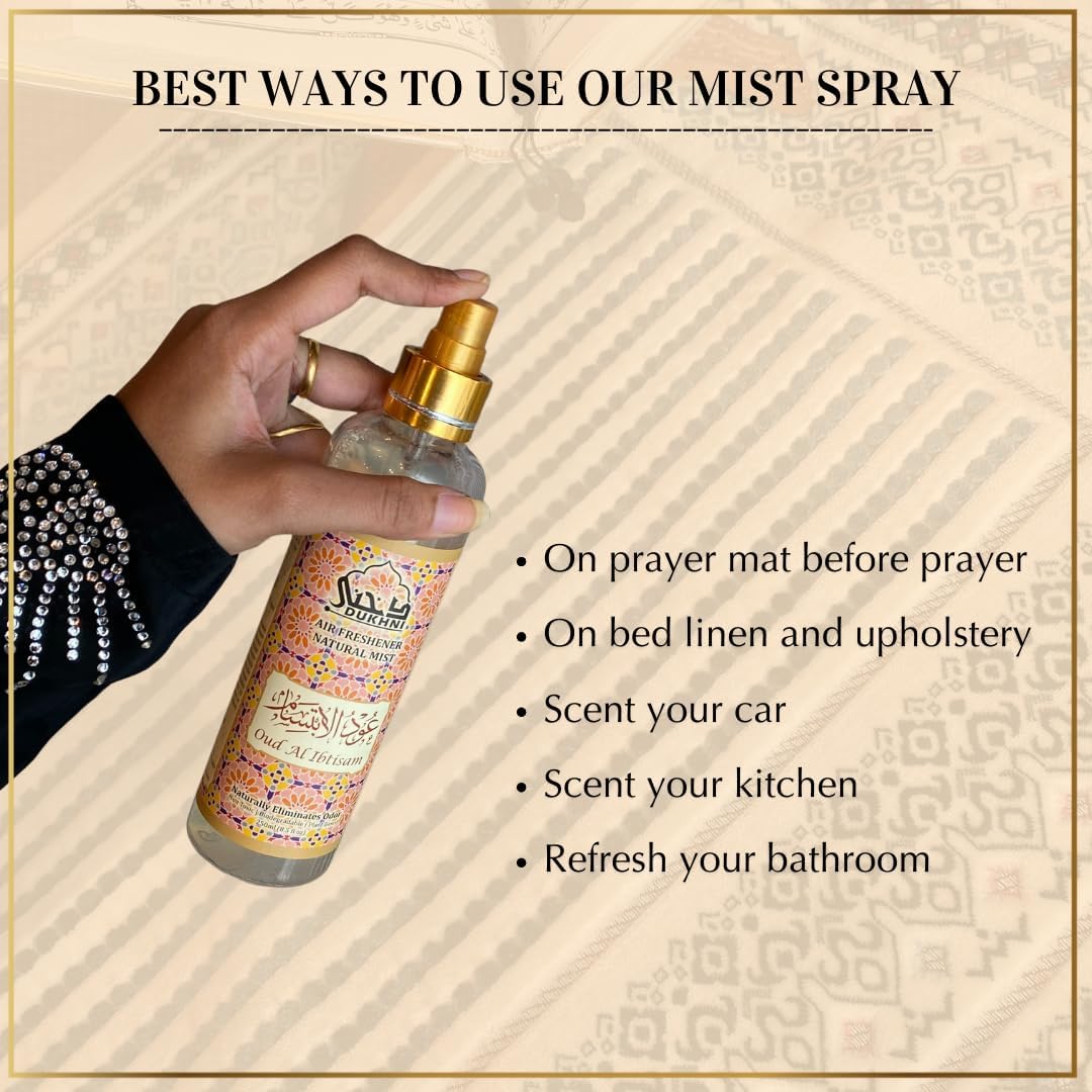 Oud Al Ibtisam Muattar Bakhoor & Attar Al Faraash by Dukhni | 1jar X 40 gm & 250ml Room Freshener Spray | Arabic Aromatic Incense Wood Chips & Natural Mist | Floral Oud Blend for Prayer Time & Giftin
