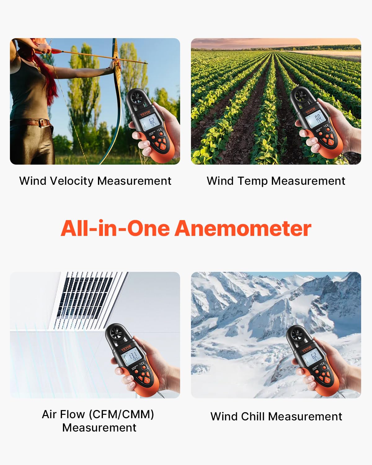 VEVOR Digital Anemometer, Wireless Bluetooth, Handheld Measuring Device Meter with LED Backlit Display, Temperature Range 14℉ to 140℉, for Measuring Wind Speed Temperature Air Flow Velocity Wind Chill