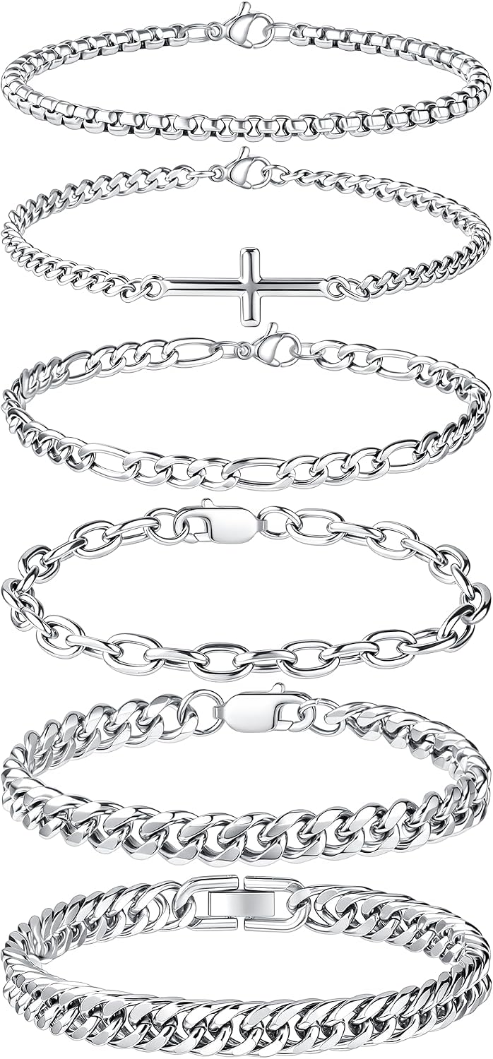 CASDAN 6pcs Silver Stainless Steel Bracelets for Men Women Hypoallergenic|Cuban Link, Rope Chain, Paperclip Chain,Metal Mens Bracelet,Wear Comfortable,Fashion Jewelry Accessories(7.5/8.3/9 In)