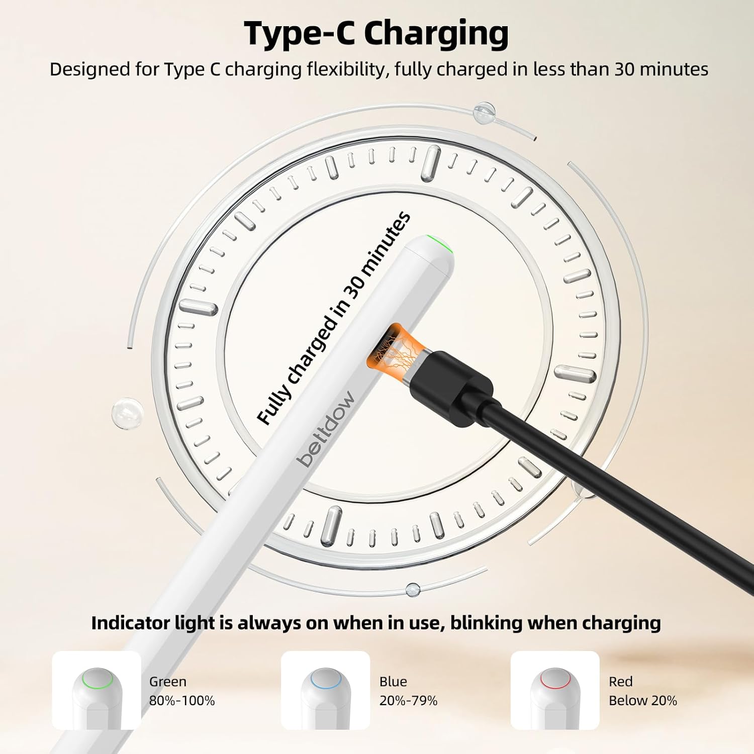 Type-C charging port and battery indicator lights on the stylus pen