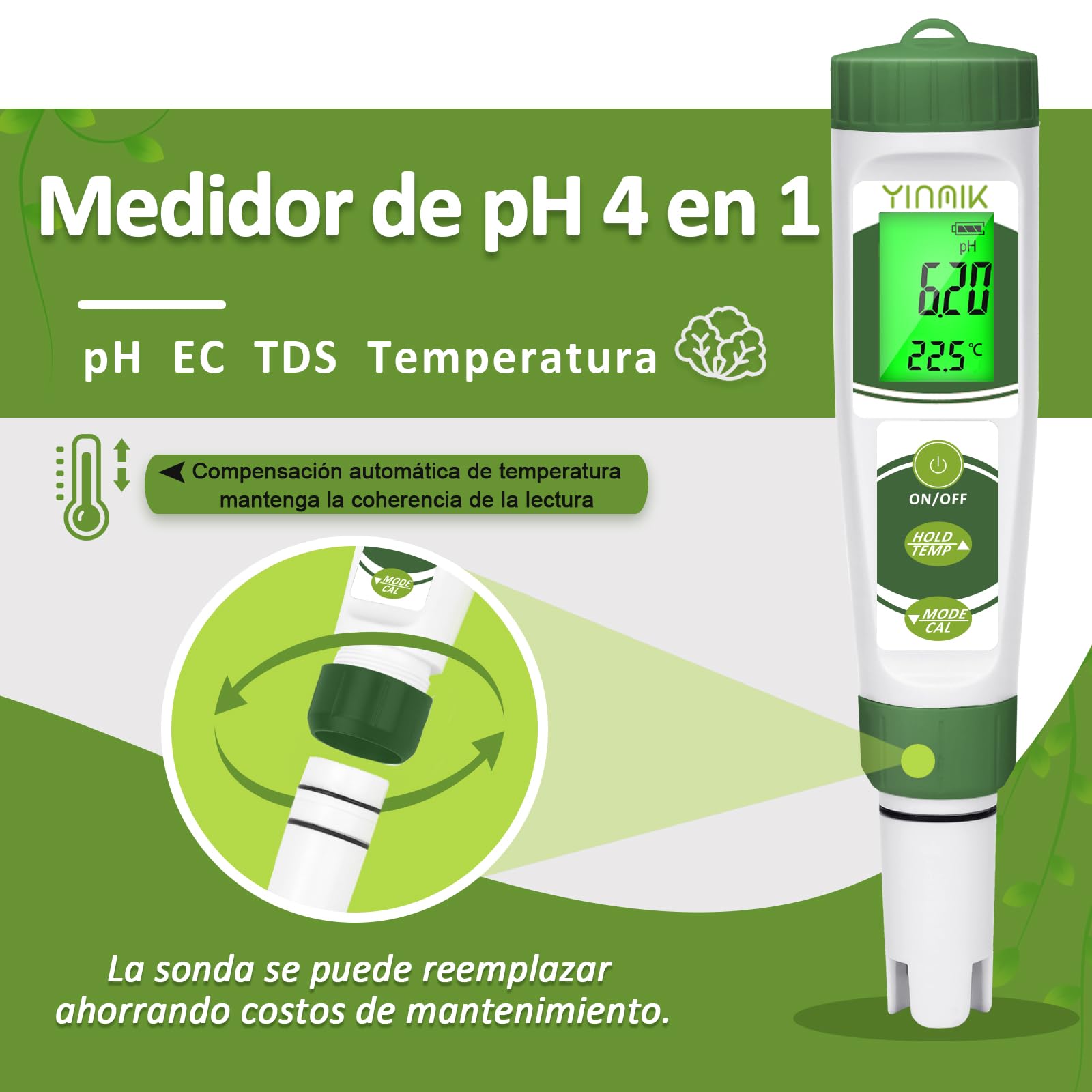 Medidor de pH, Medidor EC para Cultivo y Hidroponía, YINMIK Medidor de TDS para Nutrientes, Medir pH PPM Conductividad de Hidropónico, Medidor de pH TDS EC Temperatura para Agua, Acuario, Piscina