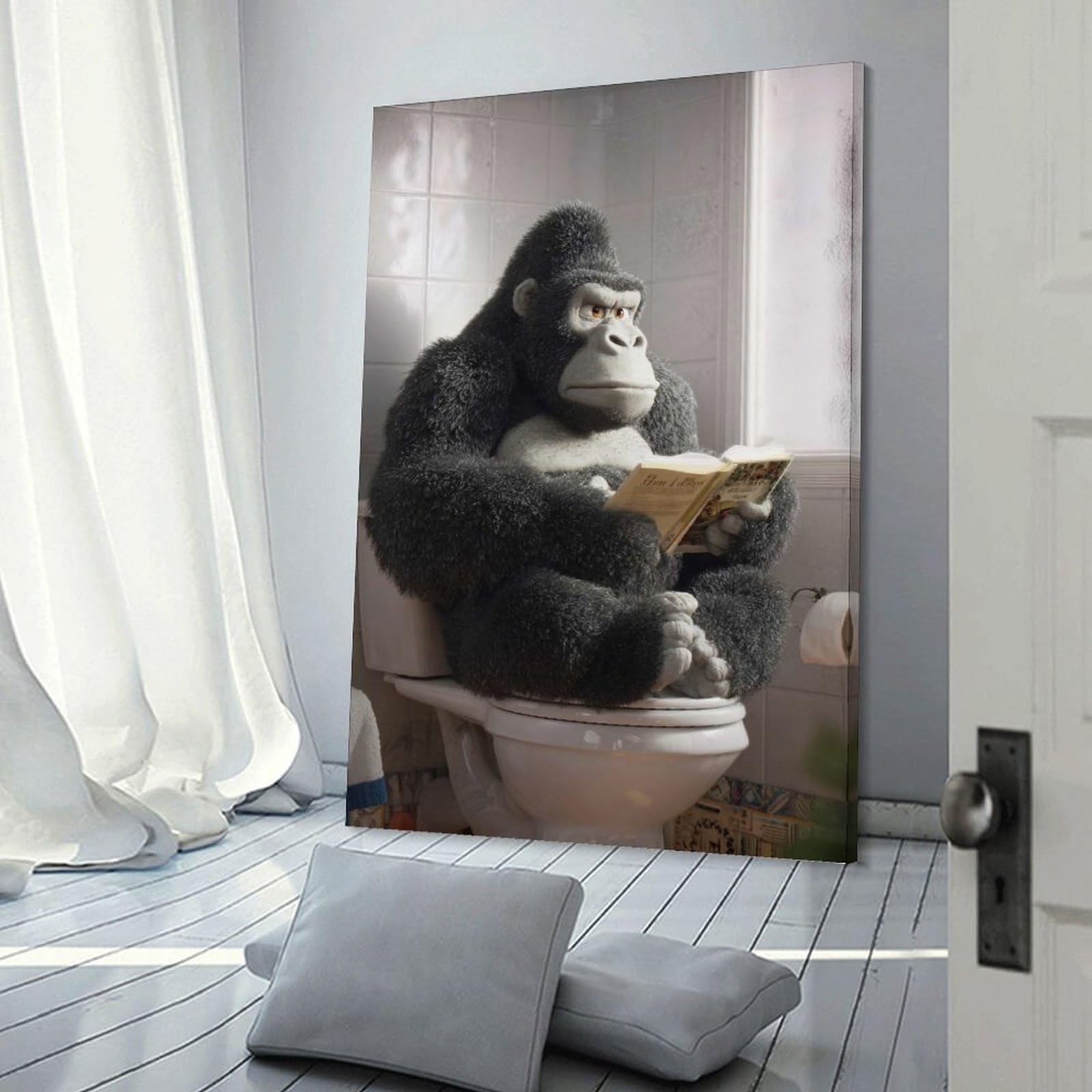 Junmoney Frame-Style-12 Gorilla Reading On Toilet Poster, Picture, Metal Print, Paint By Creed Canvas Wall Decor, 08X12inch(20X30cm), For Wall Displays, Bedrooms Or Room Updates, Wall Decor Suited To Curated Displays