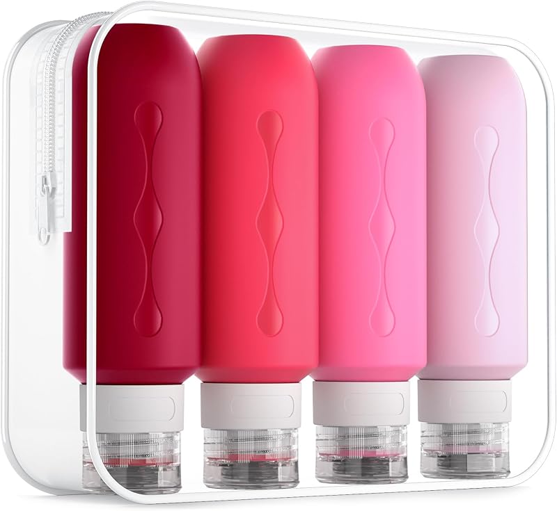 Frascos recarregáveis Gemice para viagem com bolsa transparente, silicone, 177 mL, rosa, 4 unidades
