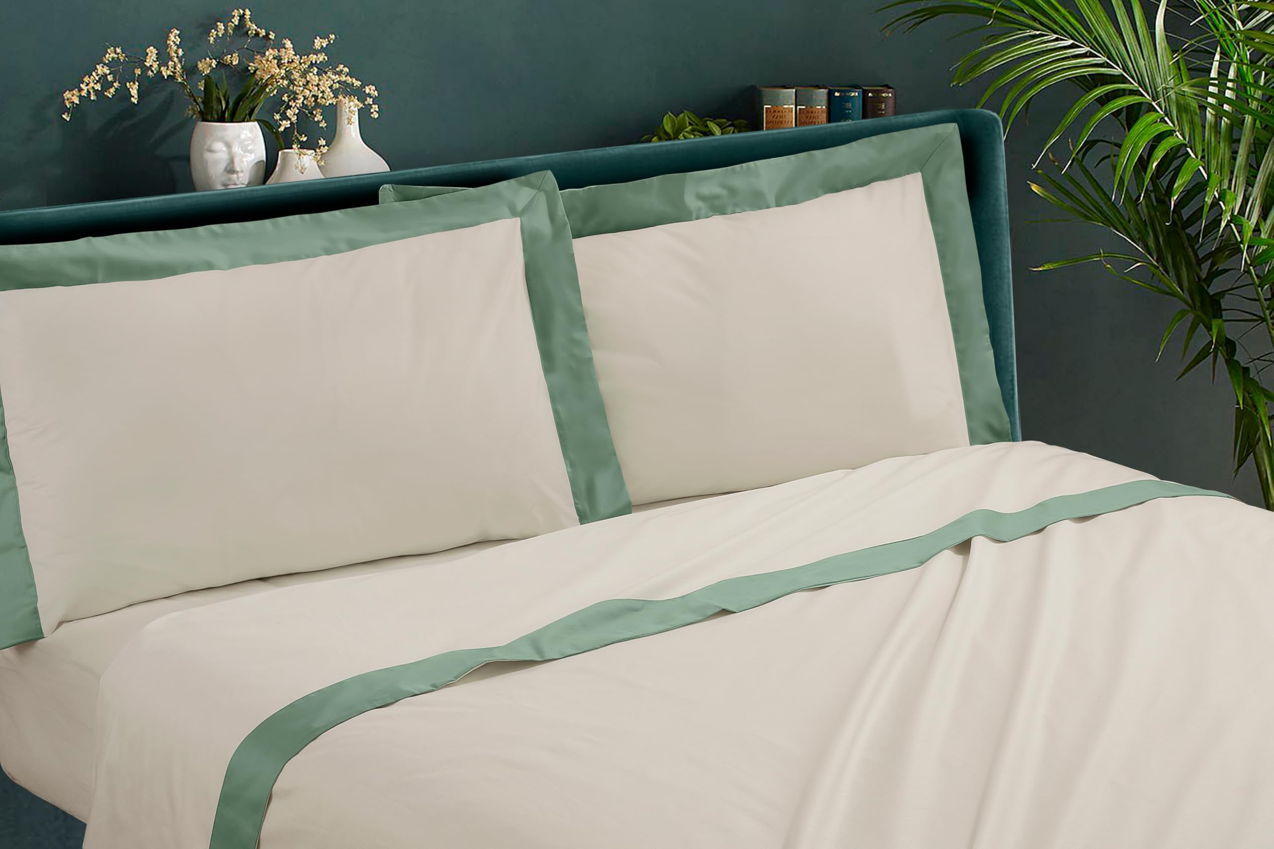 Riad Arredo Set Completo Lenzuola Matrimoniale 100% Cotone Minimal Con Balza in Raso - Completo Letto Tinta Unita Morbido Puro Cotone Elegante (Salvia)