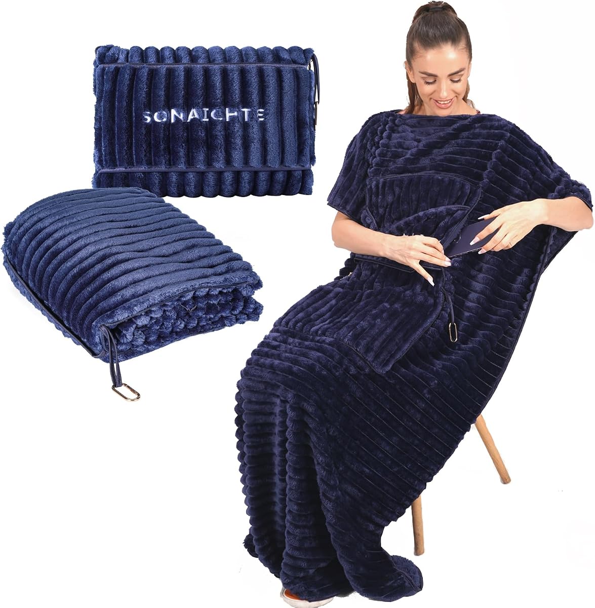 Juego de almohada y manta de viaje, manta de viaje, avión compacto con bolsa, manta de viaje, artículos básicos de viaje, mantas de coche para adultos (azul marino)