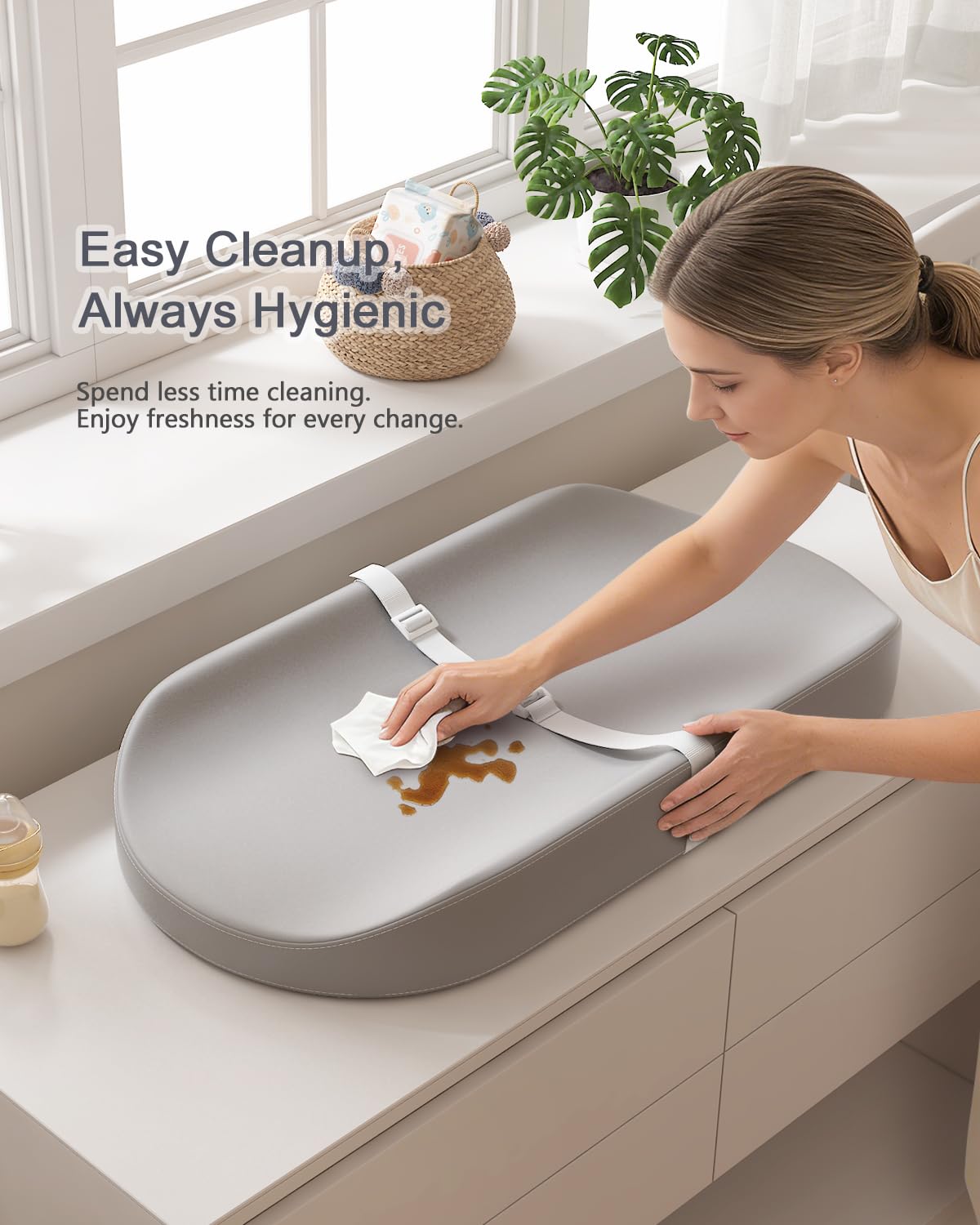 YACODAVO Baby Changing Pad with Vegan Leather Cover, Waterproof & Wipe-Clean Changing Pad for Toddler, Flat Foam Travel Diaper Changing Pad for Dresser and Table, Grey