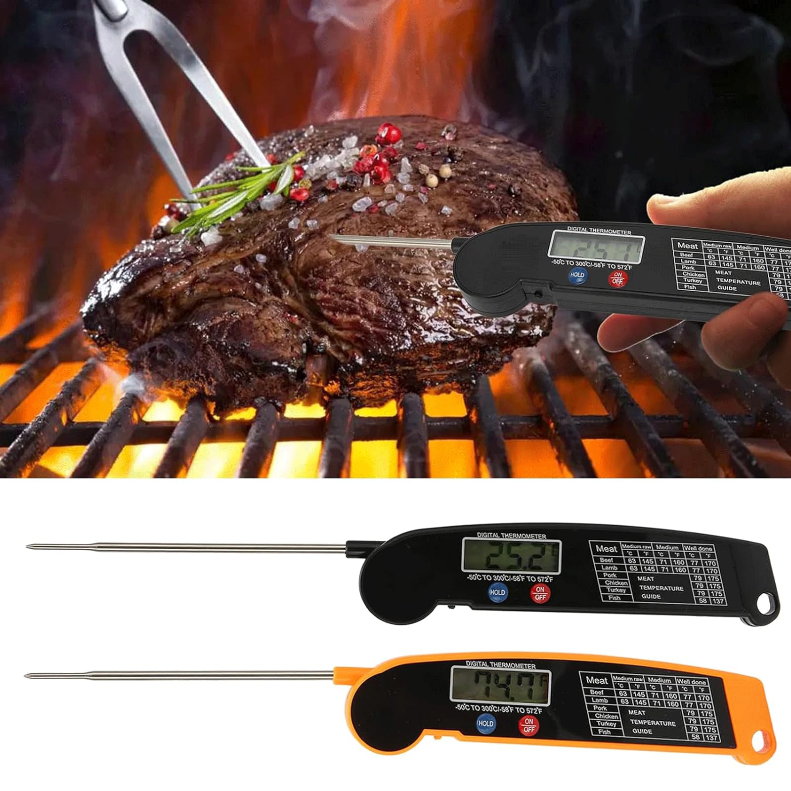 KRILLIQ Paquete de 2 termómetros precisos para Alimentos, termómetro Digital de Lectura instantánea para Barbacoa, termómetro multifunción para Carne para cocinar y Asar
