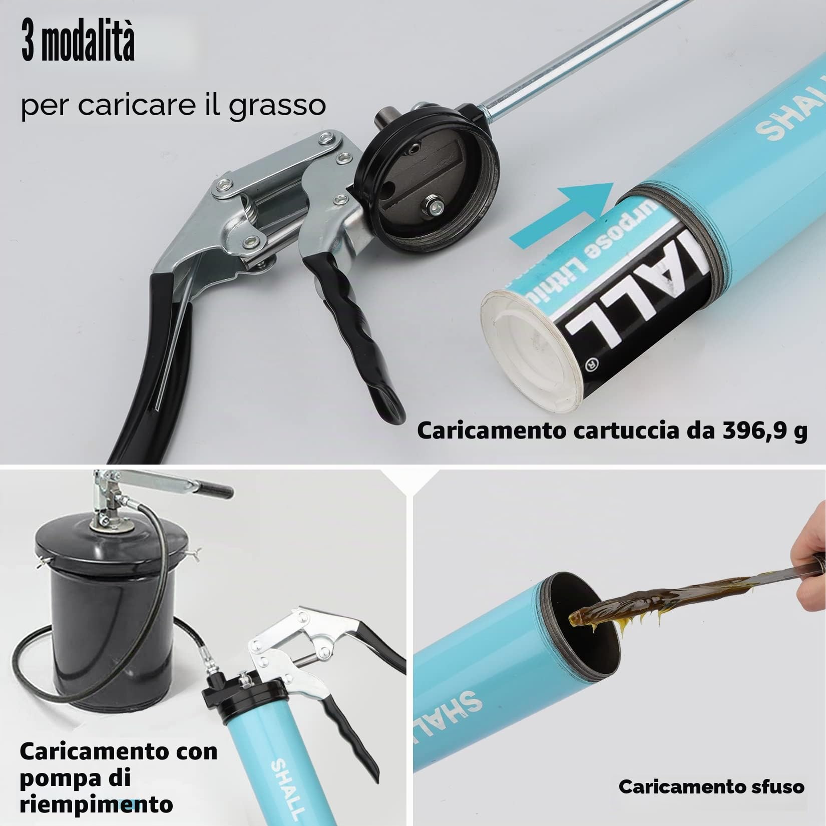 SHALL Pistola per grasso, kit pistola per grasso con impugnatura a pistola per carichi pesanti da 7000 PSI, tubo flessibile a molla da 18", ugello affilato, | Carico di 14 once