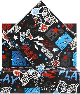 Geluode Video Game Wrapping Paper for Boys Kids Girls, 4 Sheets Gaming Gift Wrap Game Controllers Wrapping Paper Folded Flat 20 x 28 Inches Per Sheet for Birthday Game Party