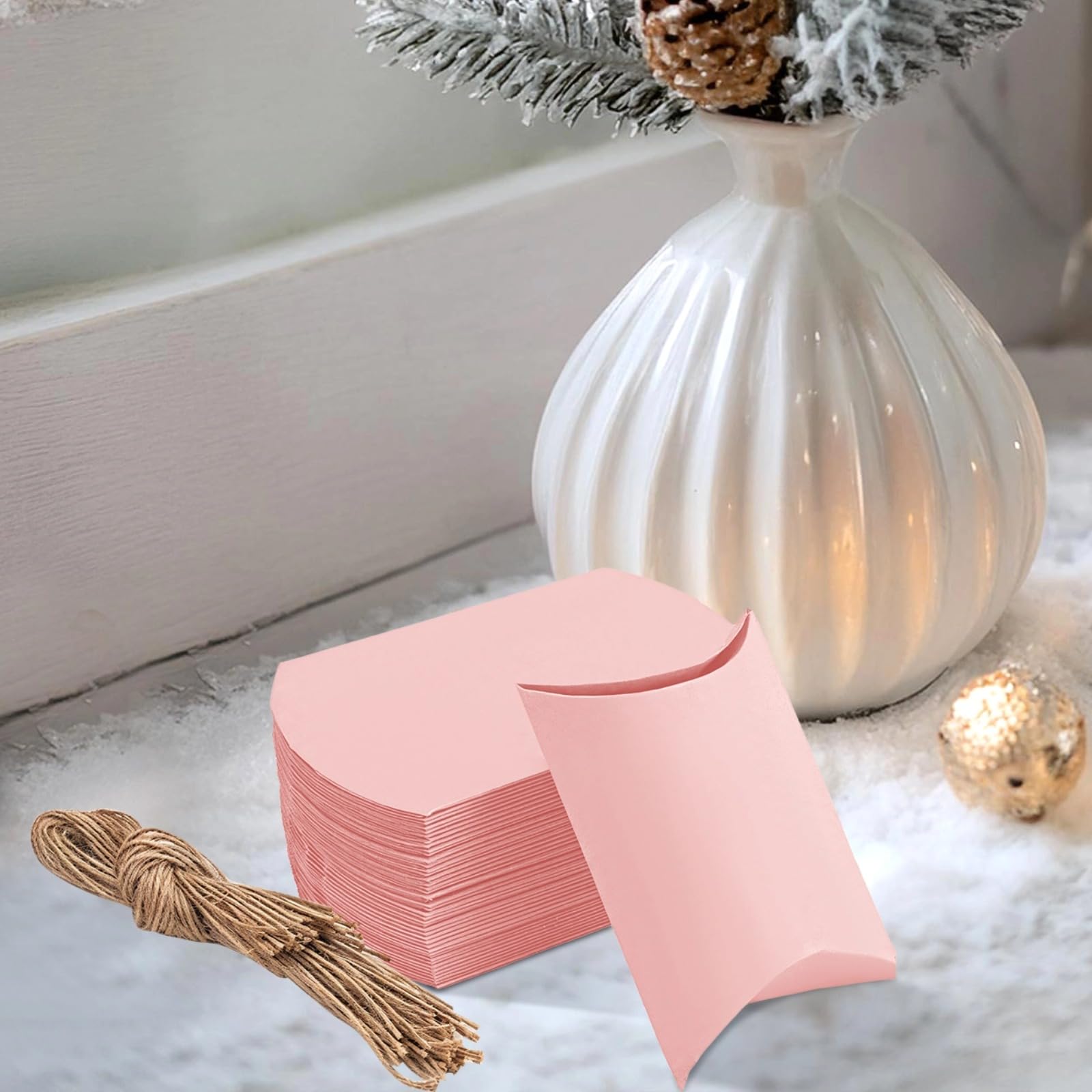 150 szt. różowych pudełek na poduszki, pudełka prezentowe z papieru typu kraft ze sznurkiem, na imprezy i upominki, pasujące na wieczór panieński, baby shower i urodziny