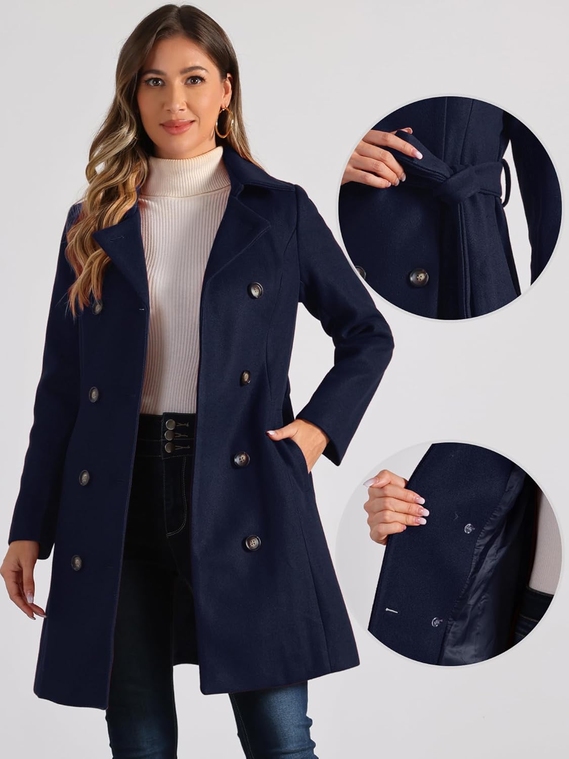 Allegra K Winter Trench Coat for Women Overcoat Belted Outwear Double Breasted Mid Long Pea Coat