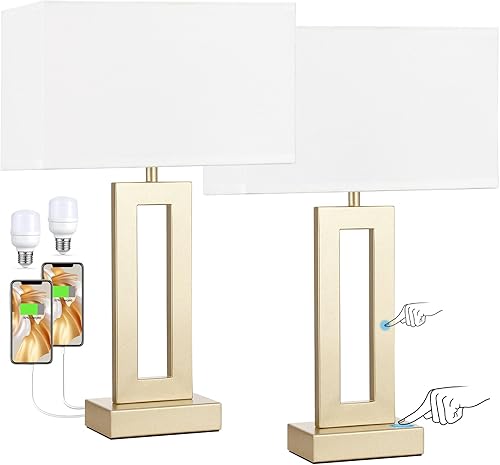 Miniatura 8 de Bedroom Table Lamps Set of 2 - Touch Bedside Lamps with USB C+A, 3 Way Dimmable Gold Lamp for Nightstand, Modern Night Stands Lamps for Living Room