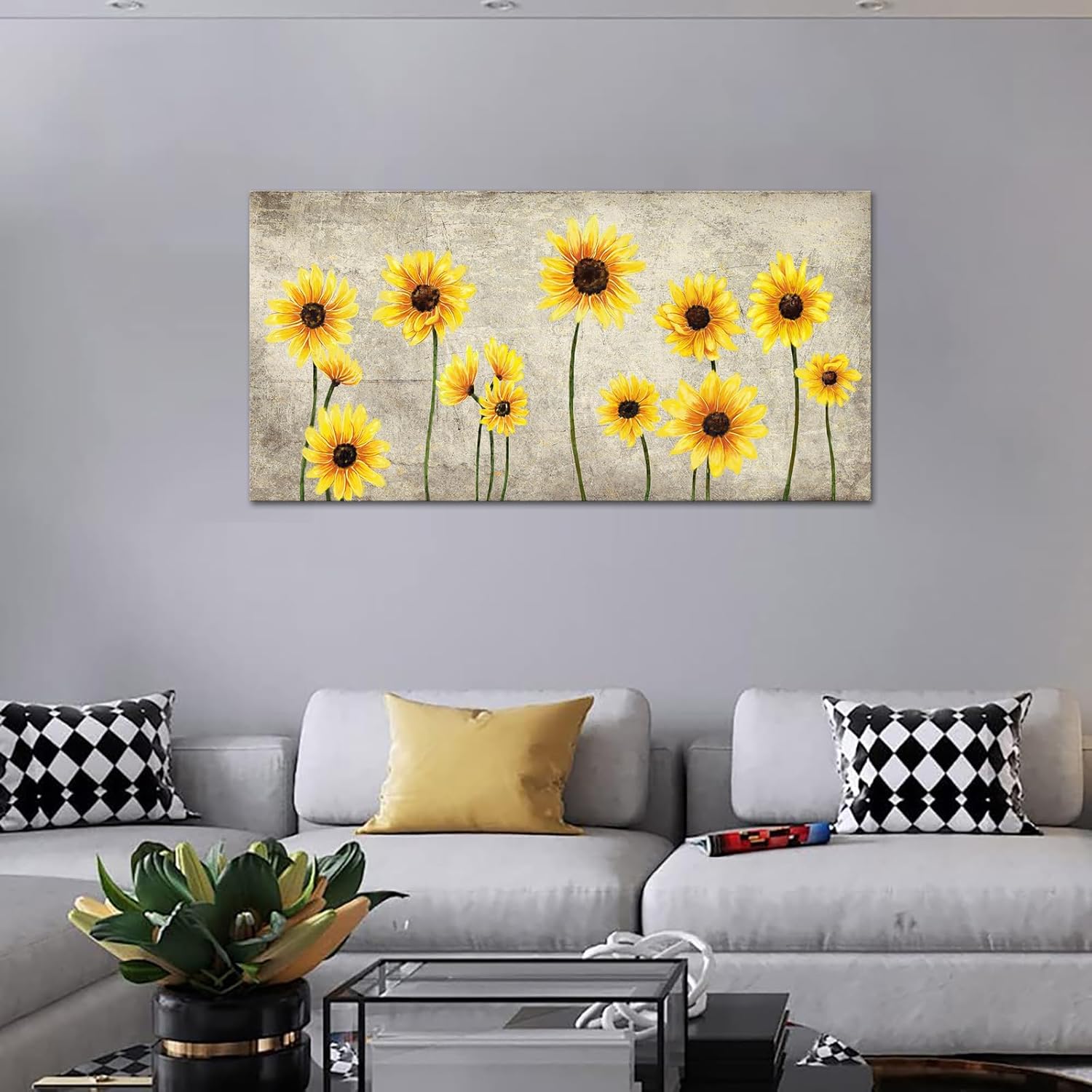KLVOS Sunflower Canvas Prints Picture Yellow Bloosom Sunflower Floral Painting Artwork for Home Living Room Bedroom Wall Decor Framed and Stretched Modern Home Decoration Ready to Hang 24"x48"
