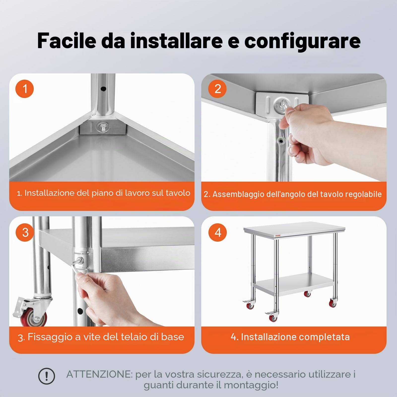 VEVOR Tavolo da Lavoro in Acciaio Inossidabile 91x61cm, Cucina Professionale, Pieghevole, con Ruote, Tavolo da Cucina Commerciale
