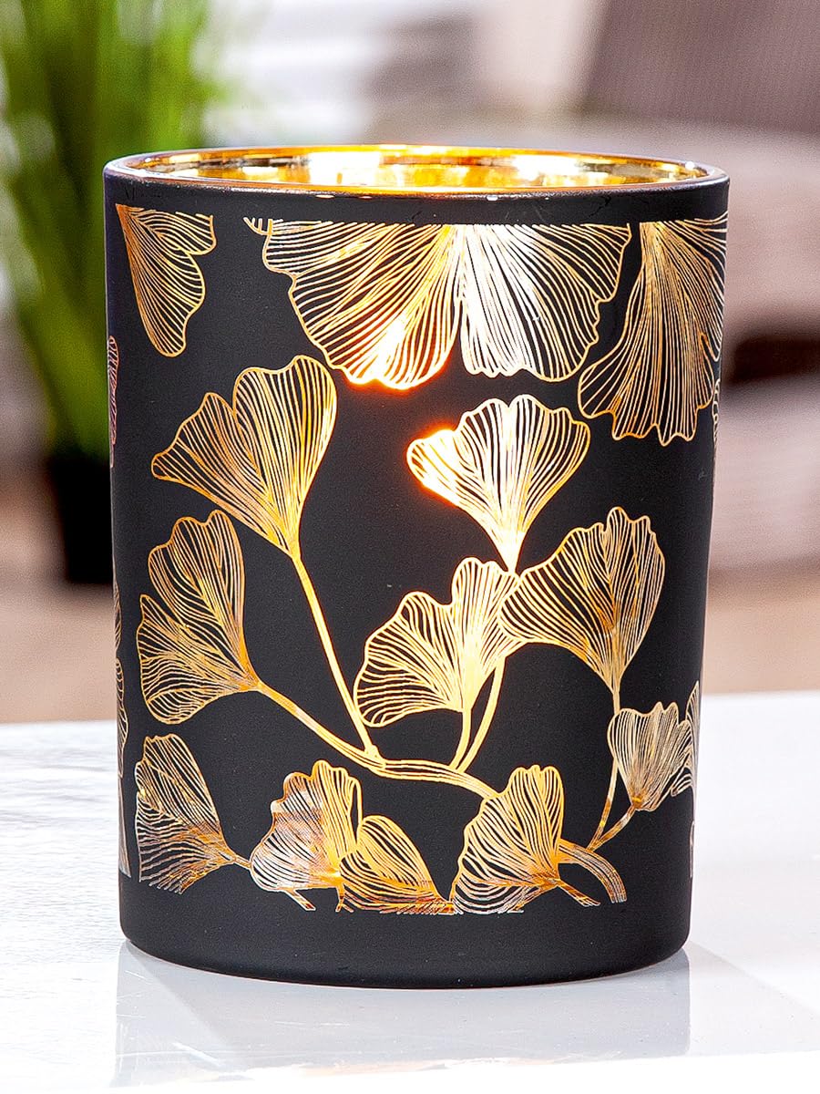 Lanterne noire en verre motif ginkgo H13cm pack de 8 photophores cylindriques