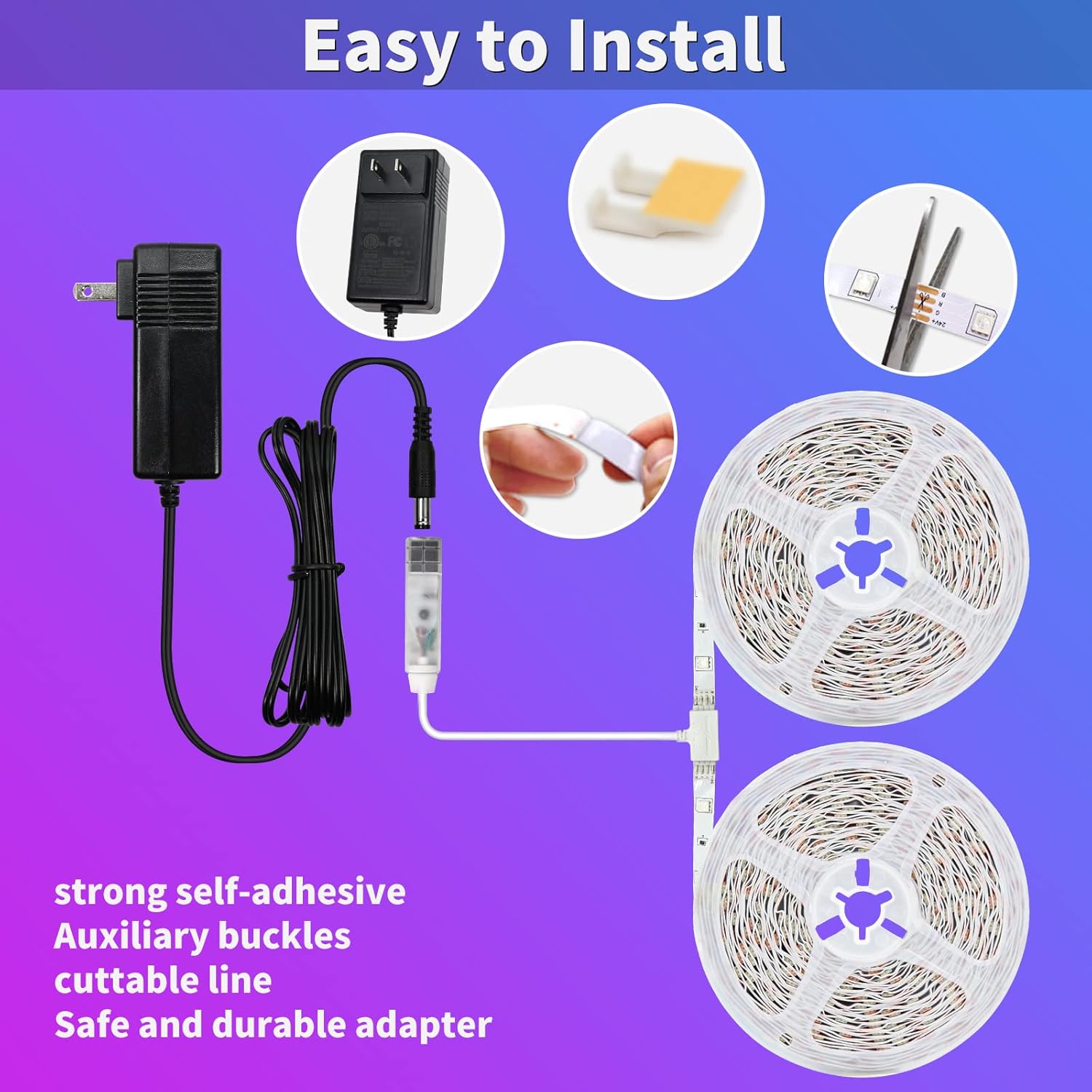 Diagram showing the components and steps for easy installation of the LED strip lights, including the power adapter, controller, adhesive backing, cuttable line, and auxiliary buckles.