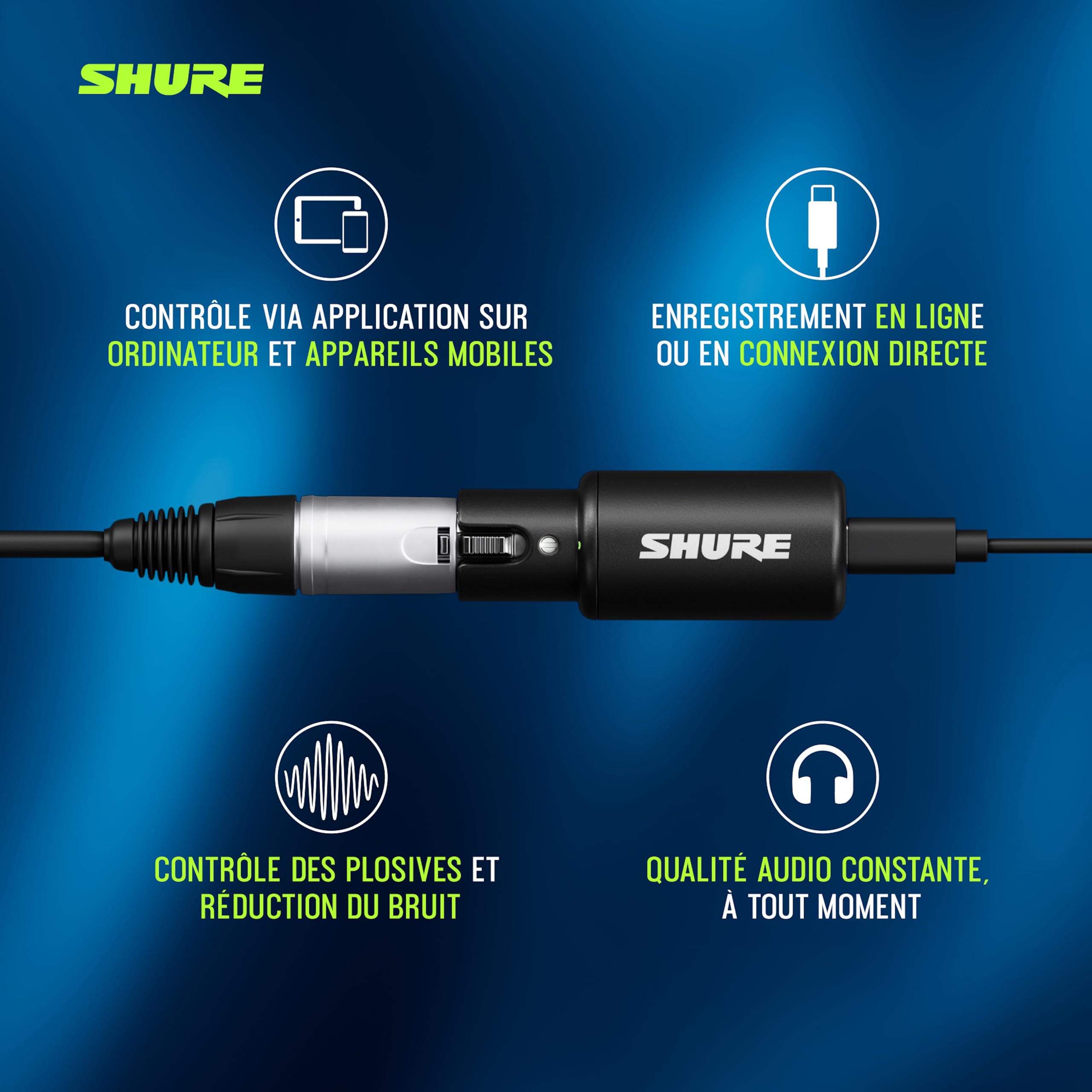 Shure MVX2U Gen 2, Interface audionumérique, adaptateur XLR vers USB microphones, la création & l'enregistrement de contenu, traitements audionumériques, compatible avec Mac, Windows, iOS & Android