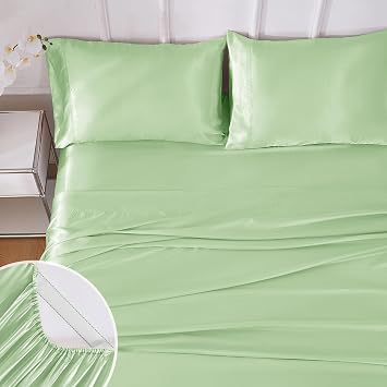 lasoftan Silk Satin Sheets Queen, Silky Fitted Bed Sheets with 15" Deep Pocket and Non-Slip Corner Straps, Luxury Hotel Satin Bed Sheets, Sage Green Spring Summer Cooling Sheets & Pillowcase Set