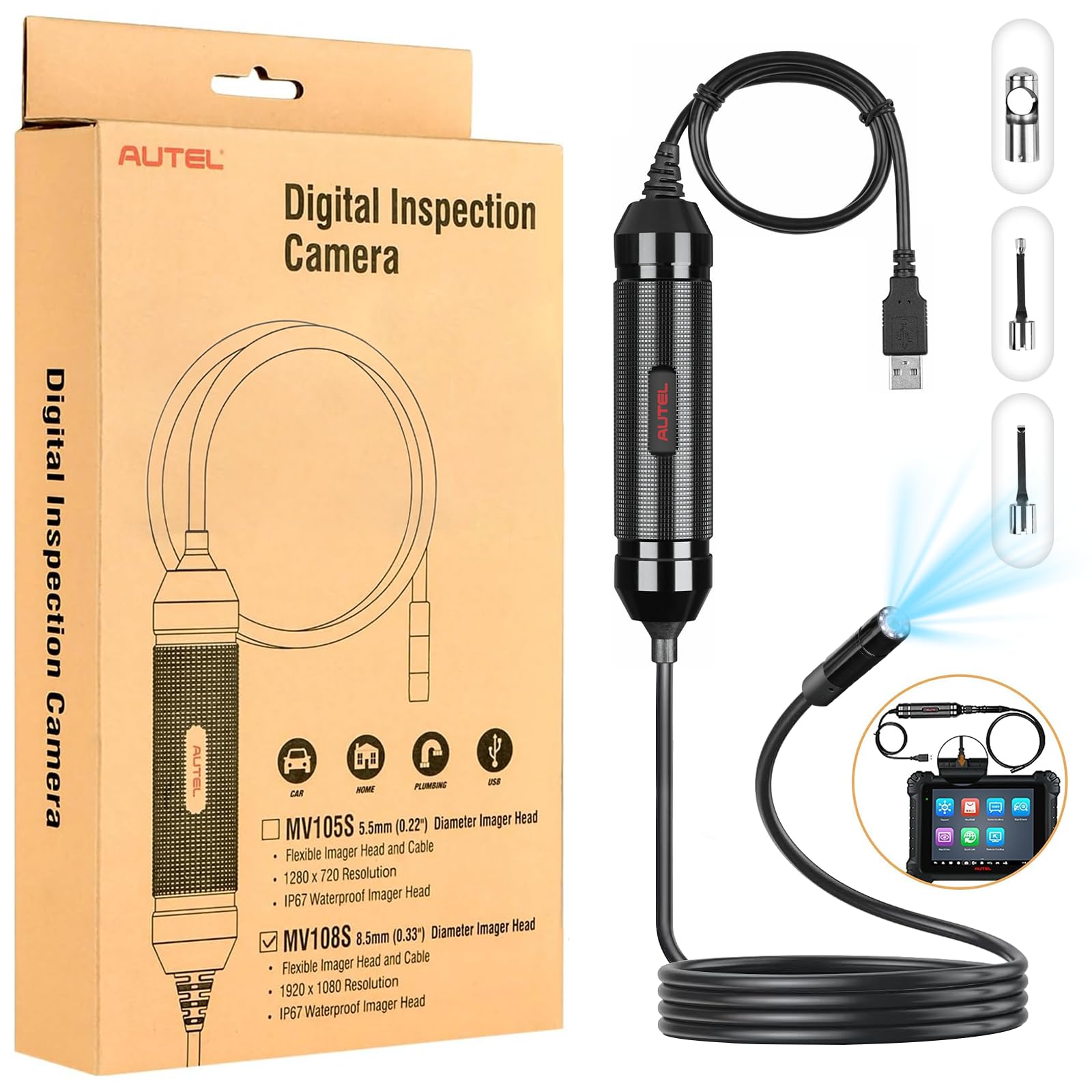 Autel MaxiVideo MV108S Inspection Camera - 8.5mm Diameter, Imager USB Endoscope with Light, 1920x1080 HD 2MP Borescope for Autel Scanner & PC,