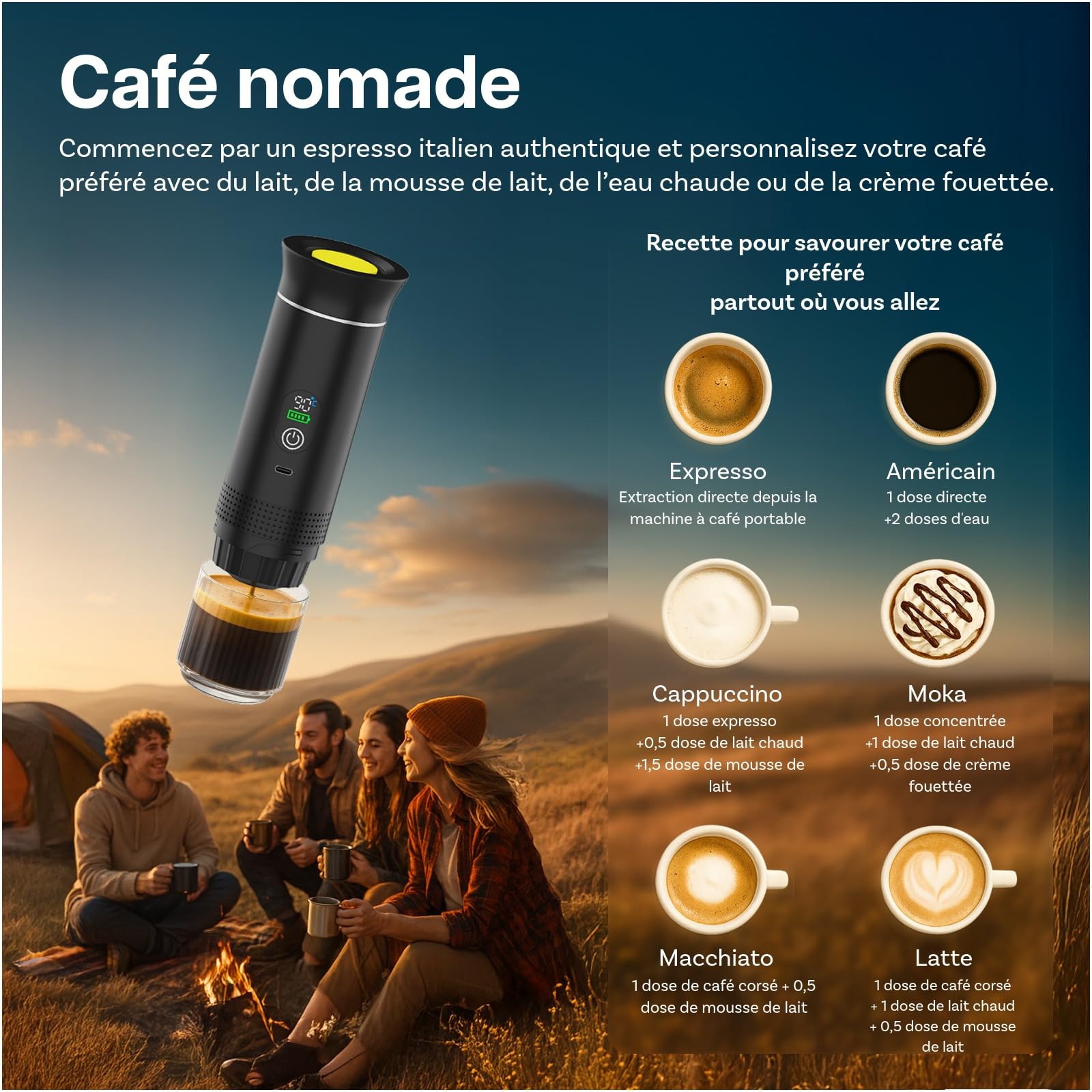 MMOBIEL Cafetière Portable Machine à Café Expresso Électrique avec Base Anti-Dérapante, Auto-Chauffante & USB-C – Compatible Capsules & Café Moulu pour Voyage, Camping, Maison, Voiture, Bureau