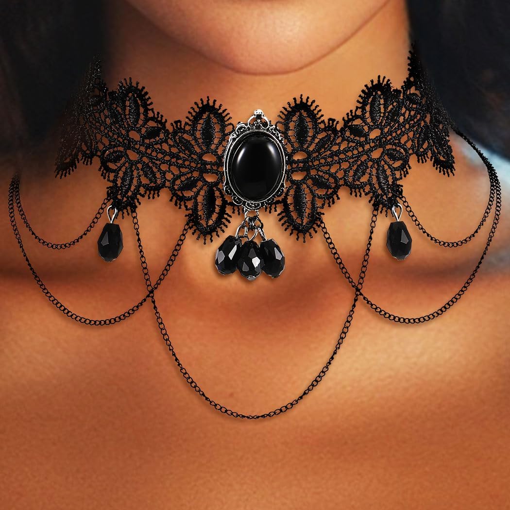 JAKAWIN Black Lace Choker Necklace Gothic Beaded Pendant Necklaces for Women - Image 3