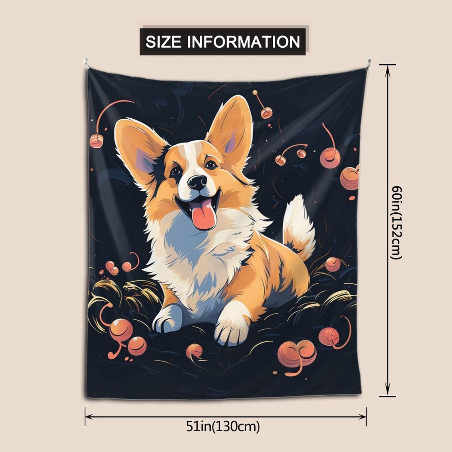 Tapestry Wide Wall Hanging Tapestry Lightweight Wall Blanket Corgi dog on dark background Tapestry Vintage Mural Wall Art Home Decor Aesthetic Tapestries for Bedroom Dorm Living Room 60x51 Inch image 2