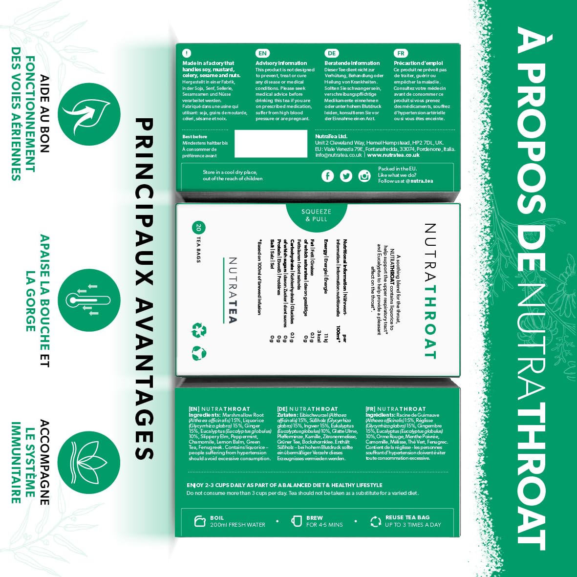 NUTRATHROAT - Thé pour la gorge | Tisane Confort de la Gorge - Pour le mal de gorge - Comprend la racine de guimauve et de l’orme glissant - 120 sachets de thé - Nutra Tea - Tisane - (6 paquets)