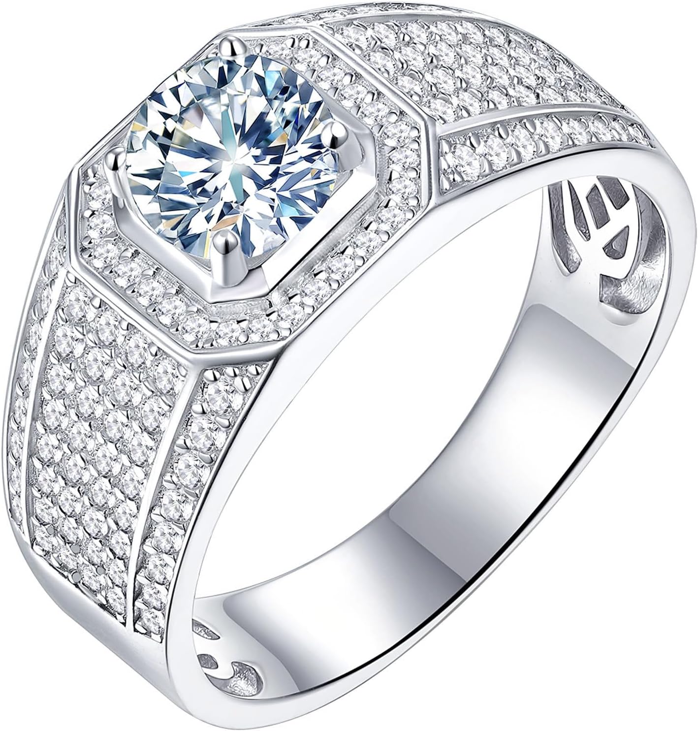 Mens Moissanite Wedding Band Engagement Ring Solitaire Stone 925 Sterling Silver Ring 1.5cttw D Color VVS1 Clarity Brilliant Round Cut Size 7-14