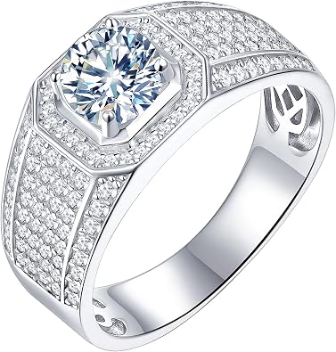 Mens Moissanite Wedding Band Engagement Ring Solitaire Stone 925 Sterling Silver Ring 1.5cttw D Color VVS1 Clarity Brilliant Round Cut Size 7-14
