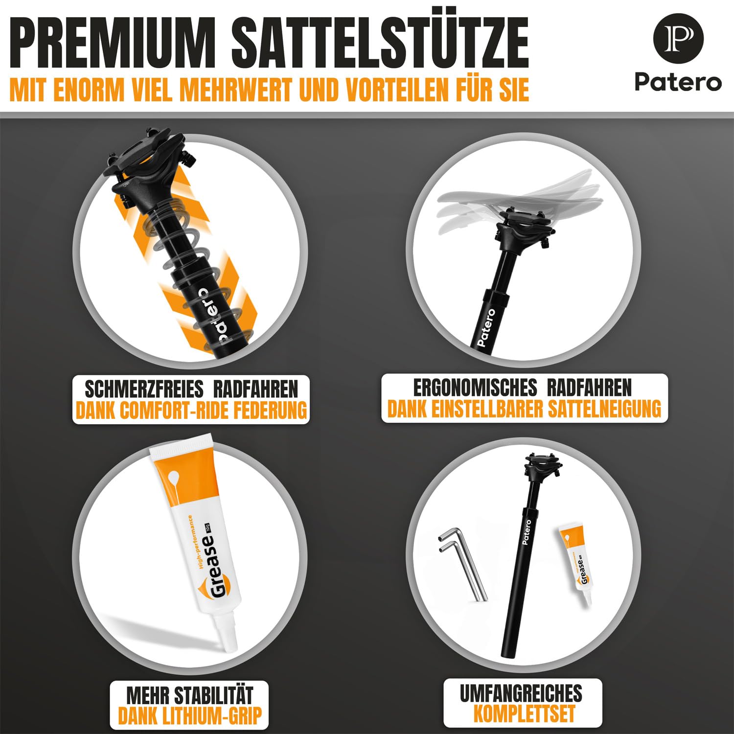 Patero Sztyca Podsiodłowa Sprężynowa - Średnica 27,2, 28,6, 30,9 i 31,6 mm, Amortyzowana, Nośność 125 kg, Zestaw z Instrukcją Montażu